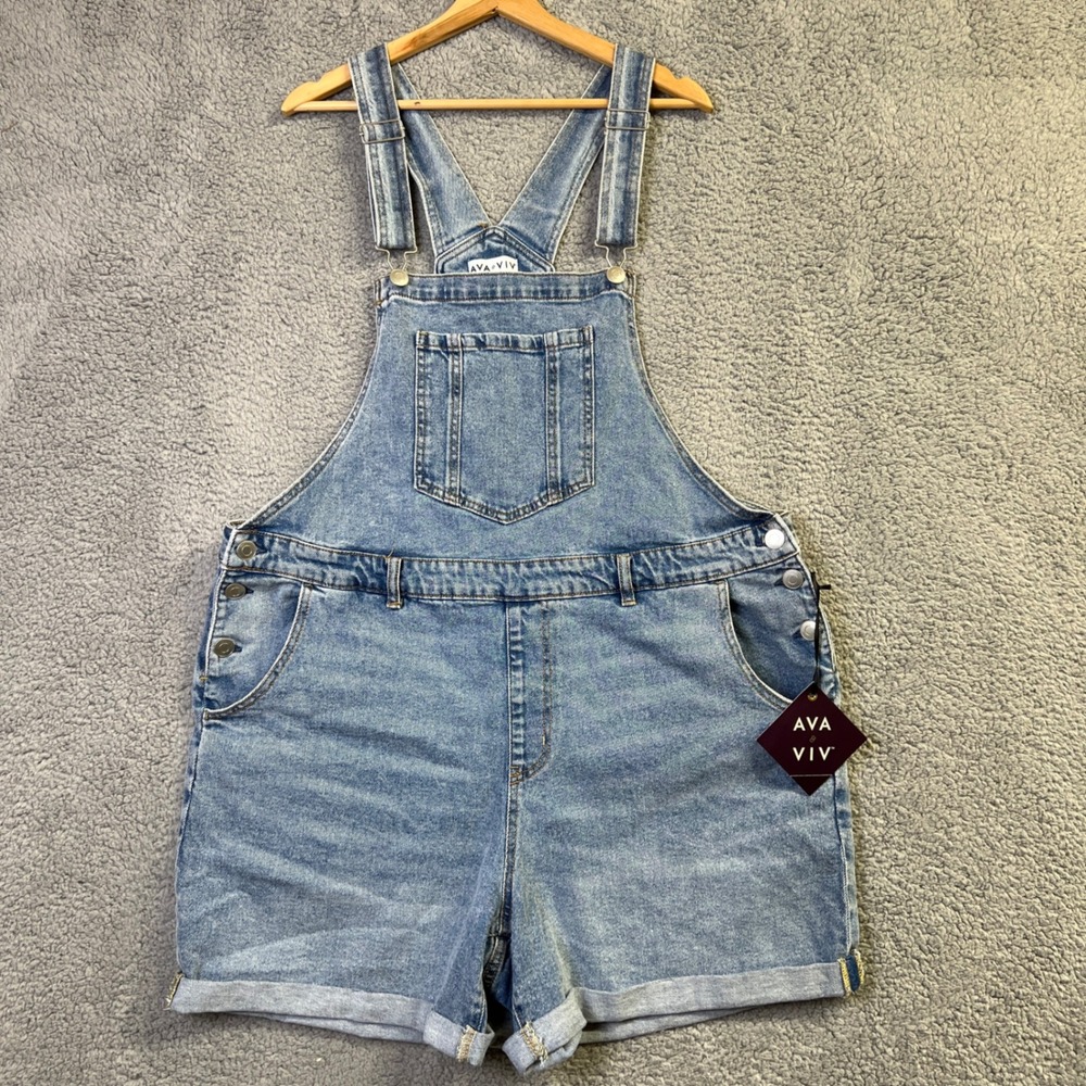 NWT Ava & Viv Overalls Women 18W Blue Denim Med Wash Shortalls Farmcore Cottage